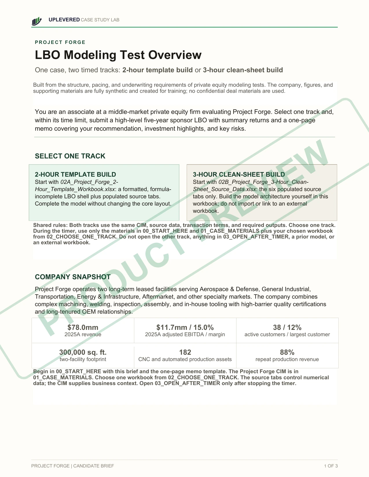 Watermarked first page of the Project Forge candidate brief showing the two timed tracks and company snapshot