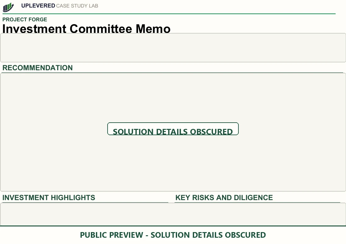 Redacted crop from the Project Forge reference investment memo showing its recommendation, highlights, and diligence structure